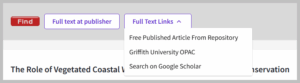 A screenshot of the new Web of Science showing the ‘Search on Google Scholar’ option as a drop-down from the ‘Full Text Links’ button.