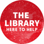 red logo. Text reads 'the library here to help'.