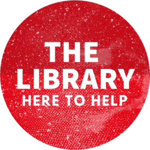 red logo. Text reads 'the library here to help'.