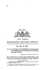 Cover Image of the legislation – ‘The Griffith University Act 1971’.