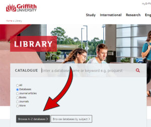 A screenshot of the Library catalogue search box on the Library homepage. The ‘Databases’ radio button is selected in the catalogue drop-down menu and there is an arrow pointing at the ‘Browse A-Z databases’ button.
