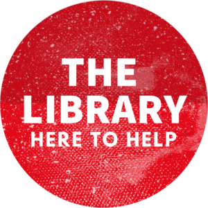 White words inside a red circle. The words read, ‘The Library: here to help’.