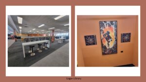 Two pictures one of Aboriginal artwork the other tables, chairs and shelving with books.