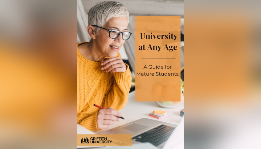 woman sitting at desk looking at laptop with cover title of book in foreground titled"University at Any Age"'